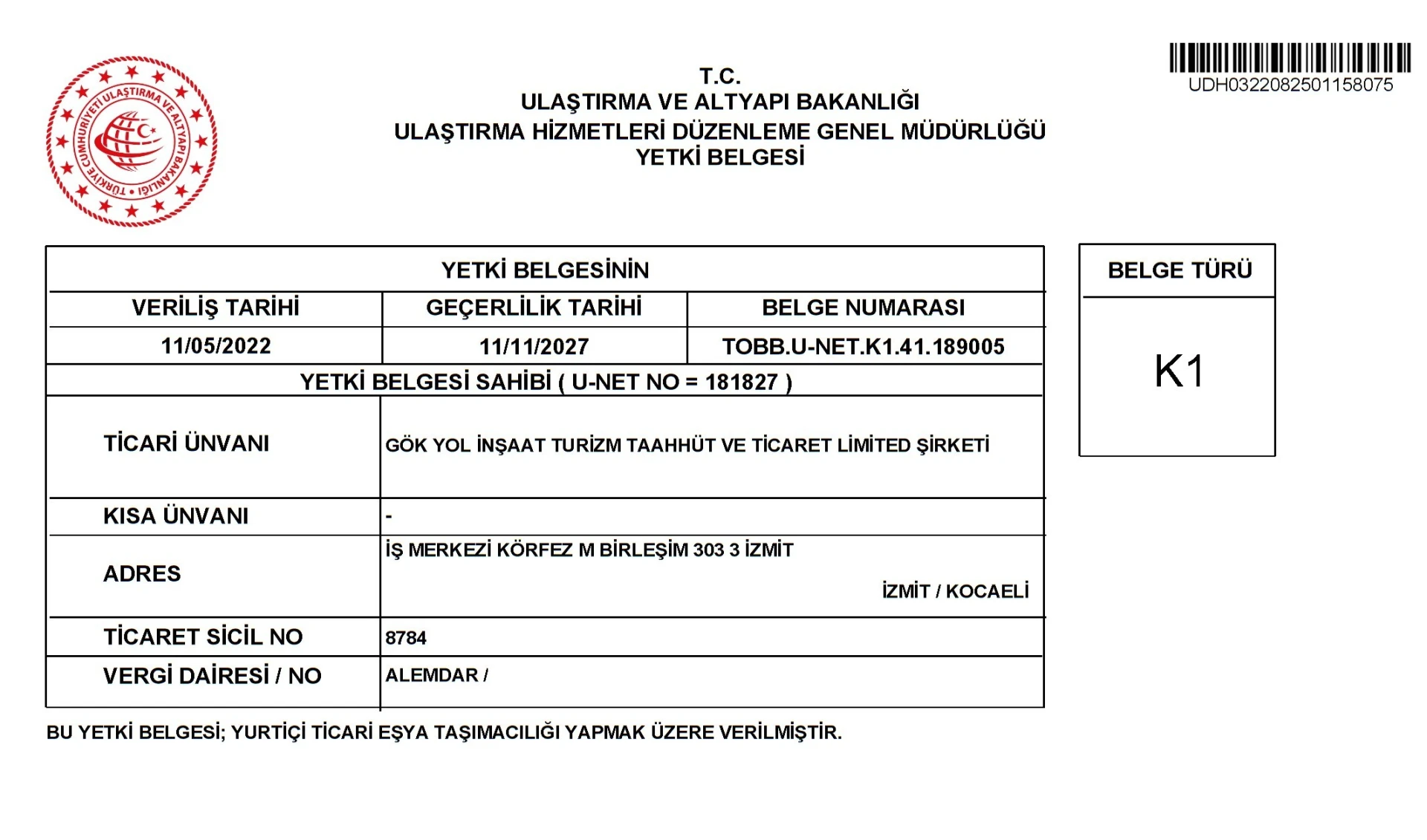 K1 Authorization Certificate